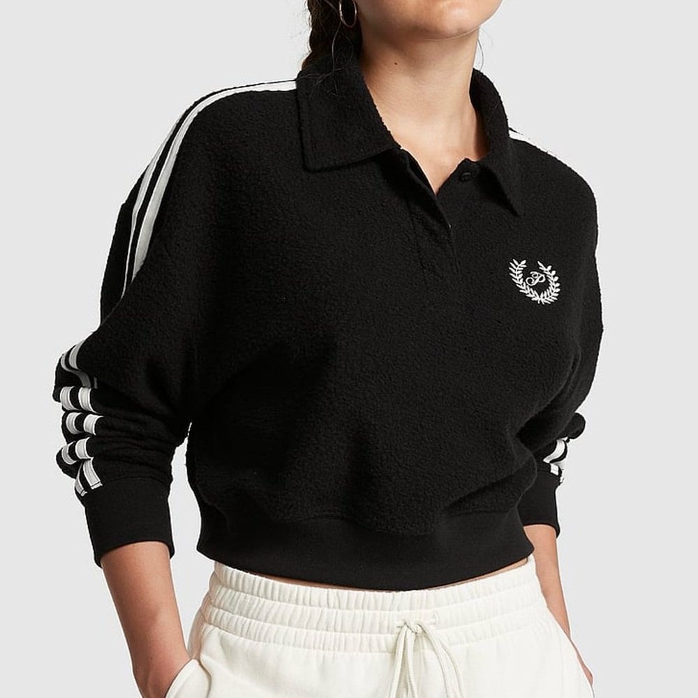 Victoria’s Secret PINK Black Reverse Fleece Polo Cropped Sweatshirt